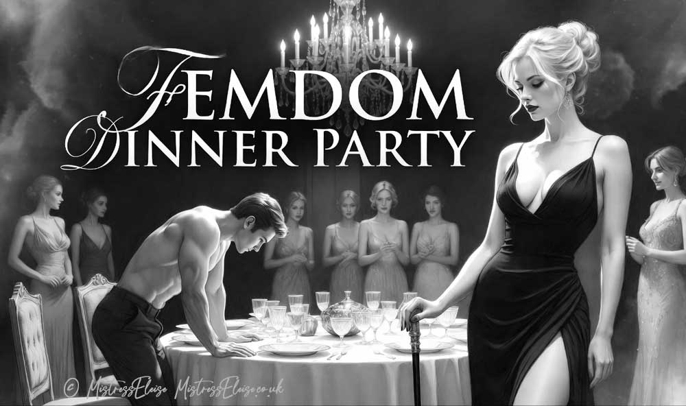 Mistress Eleise Femdom Dinner Party banner: A dominant blonde woman in a black evening gown holds a cane while a muscular submissive man is bent over a luxurious dining table. Elegant female guests watch the public punishment scene in a sophisticated chandelier-lit setting.